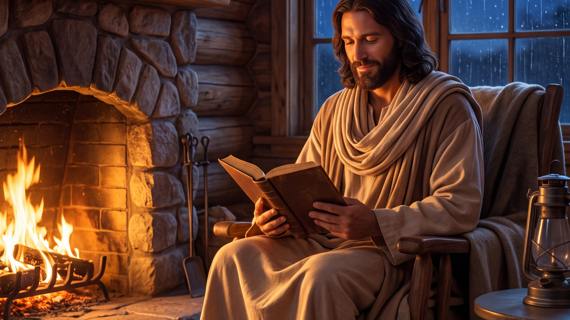 Jesus reading by a warm fireplace in a rustic cabin as rain falls outside the window